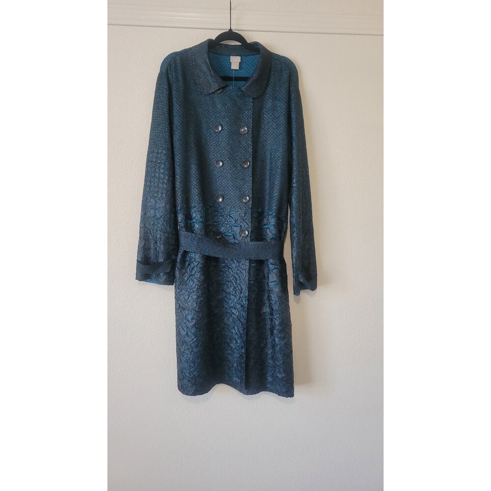 Chico's Travelers Textured Crinkle Trench Jacket Belted Blue Size 3 NWT